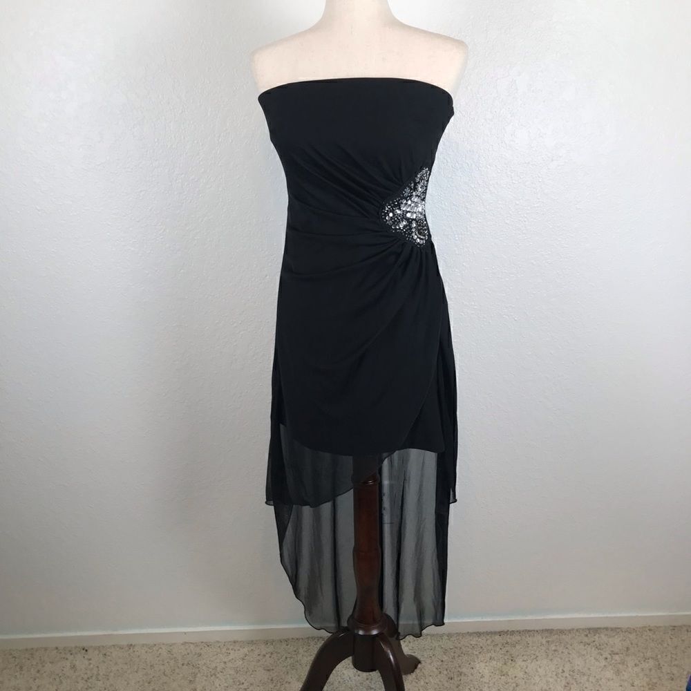 Teaze Me Y2K retro black strapless pull on high/low party prom mini dress 6*‎